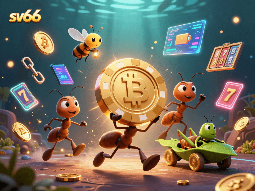 Experience the thrill of sv66 as cartoon ants carry a giant poker chip in this vibrant casino illustration.