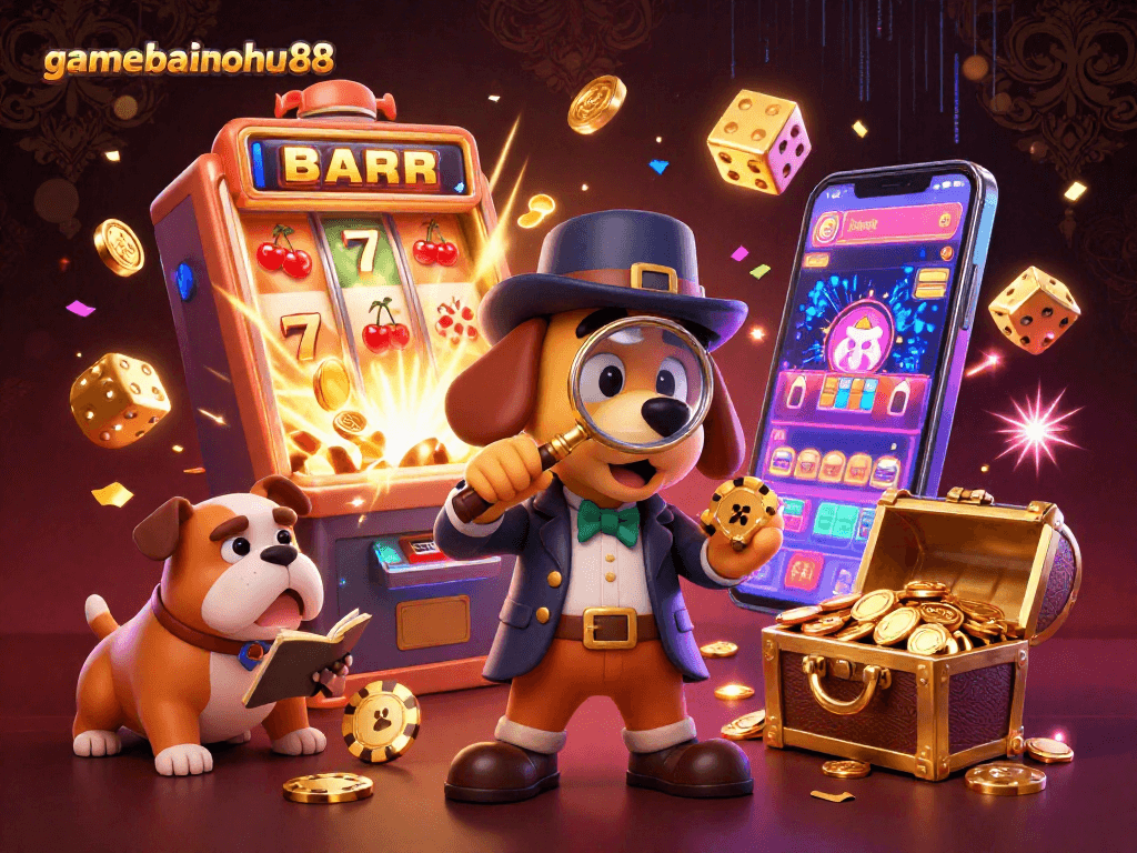 Engage in gamebainohu88, explore clues, casino treasures, and vibrant slot machine action in a thrilling illustration.