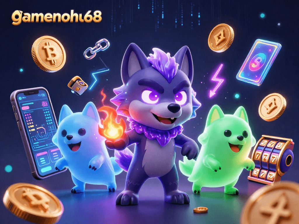 Experience gamenohu68 with a thrilling wolf pack leader surrounded by crypto and slot elements.