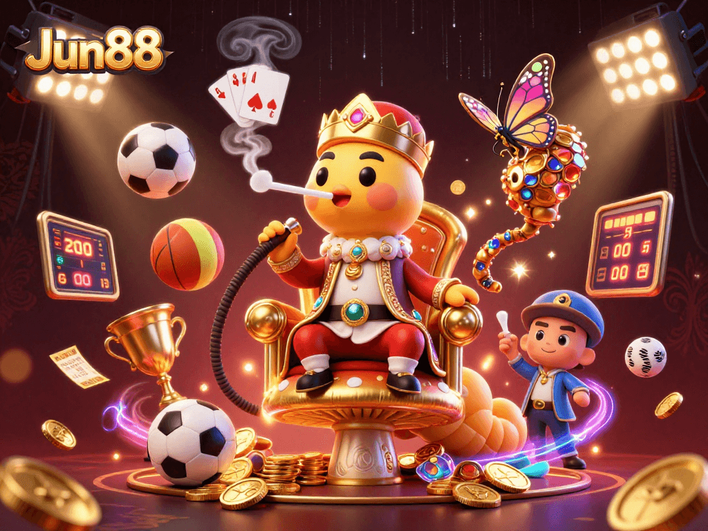 Experience the thrill of Jun88 with a vibrant 3D casino illustration featuring dynamic game elements.