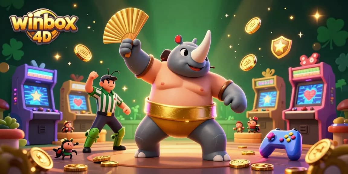 Engage with winbox 4d's thrilling gaming experience as a beetle sumo champion stomps golden coins in a vibrant arcade.