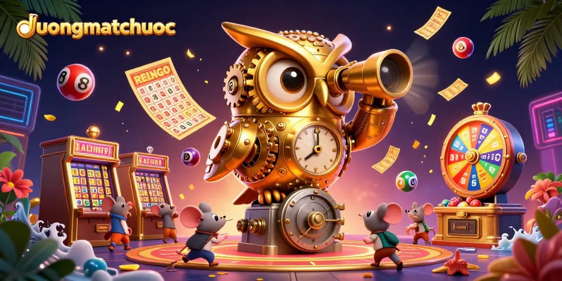 Engage with duongmatchuoc as a gold owl scans a vibrant casino, surrounded by dynamic games.