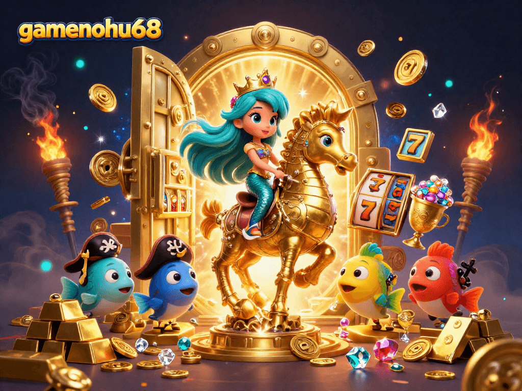 Experience vibrant gaming at gamenohu68 with a mermaid and her golden seahorse amidst slot reels and treasures.