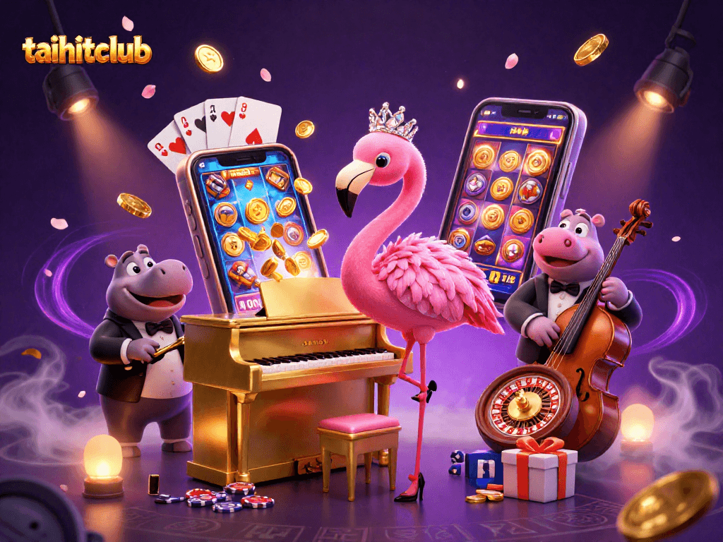 Experience gaming excitement with taihitclub featuring a flamingo singer and a hippo bassist amidst casino thrills.