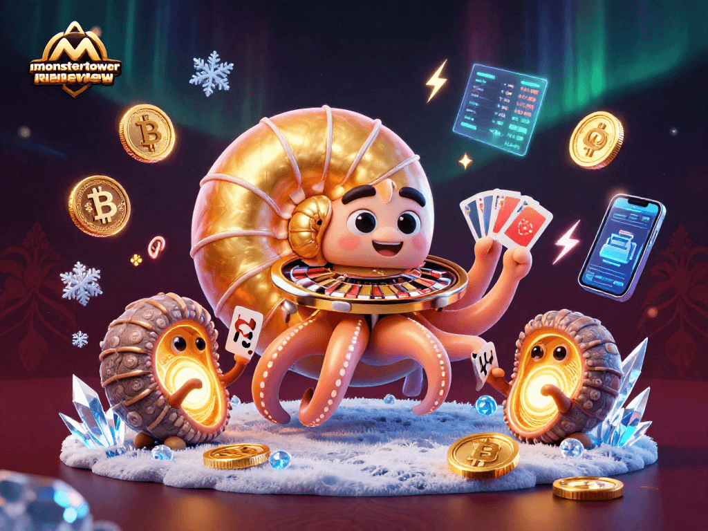 Engage in the Monster Tower review with 3D nautilus and glowing cards representing the thrill of gaming.