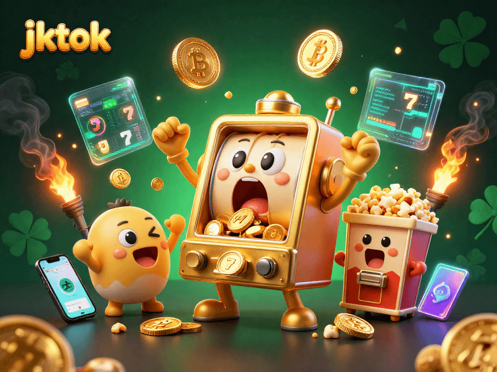 Menangkan jackpot di jktok dengan mesin slot emas yang mengeluarkan koin sambil dikelilingi slot reels yang menggemaskan.