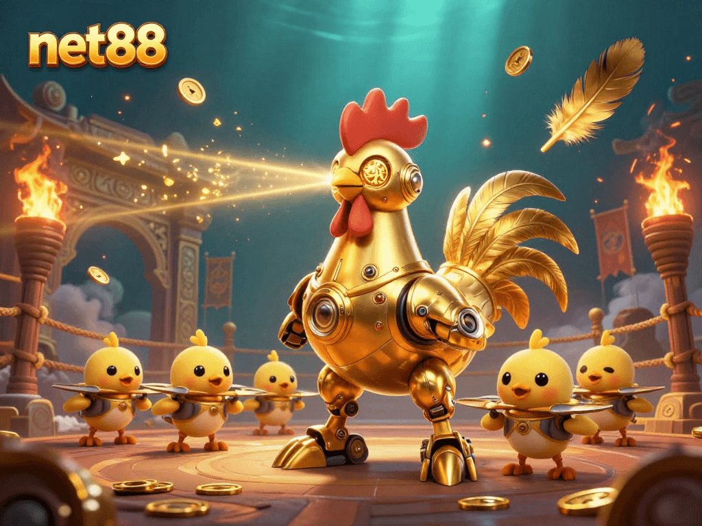 Experience the thrill of net88 with a golden rooster robot in a dynamic casino arena.