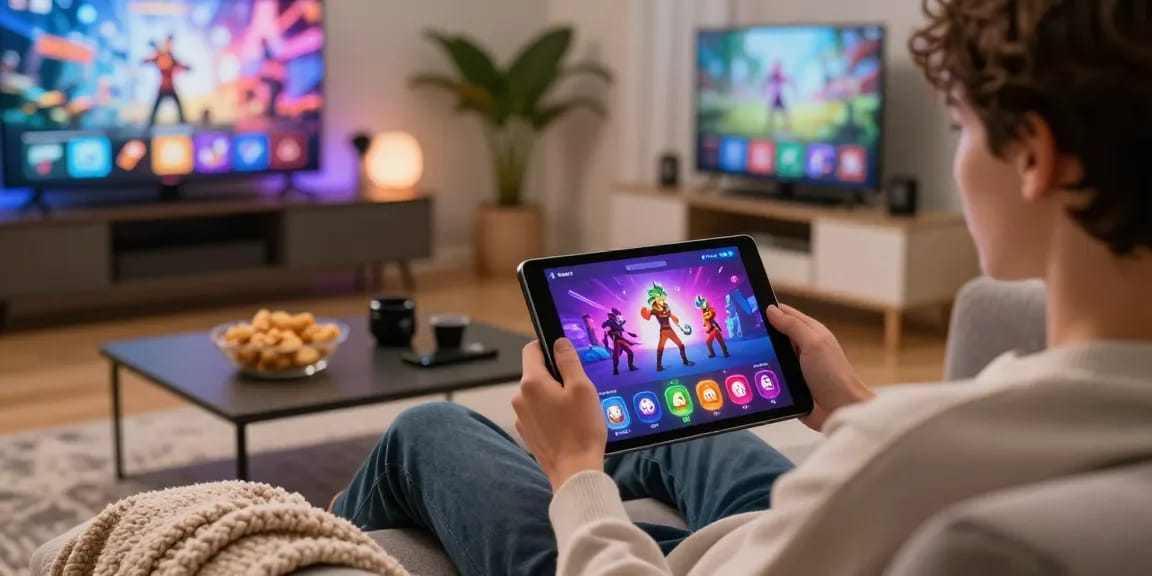 Engaging in free mobile porn games on a modern tablet in a cozy living room setting.
