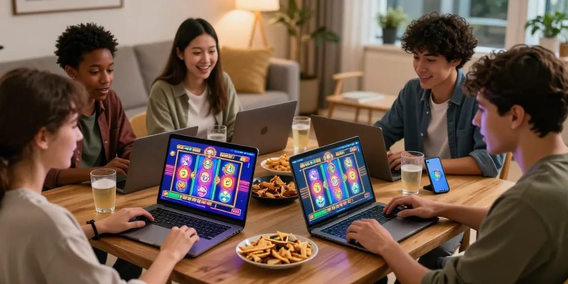Pengguna pawangslot bersemangat bermain game slot online di ruang tamu yang nyaman.