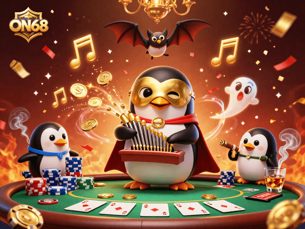 Engage with ON68's spectacular gaming scene featuring a whimsical casino setup with singing penguins and poker elements.