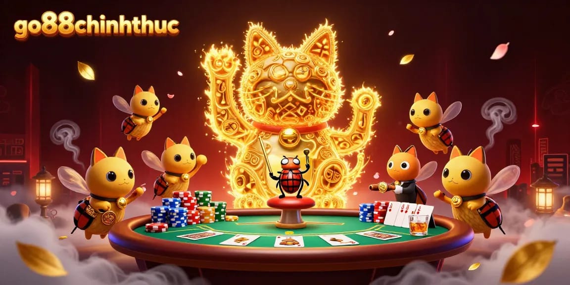 Experience go88chinhthuc's vibrant casino scene with a lucky cat and poker action.