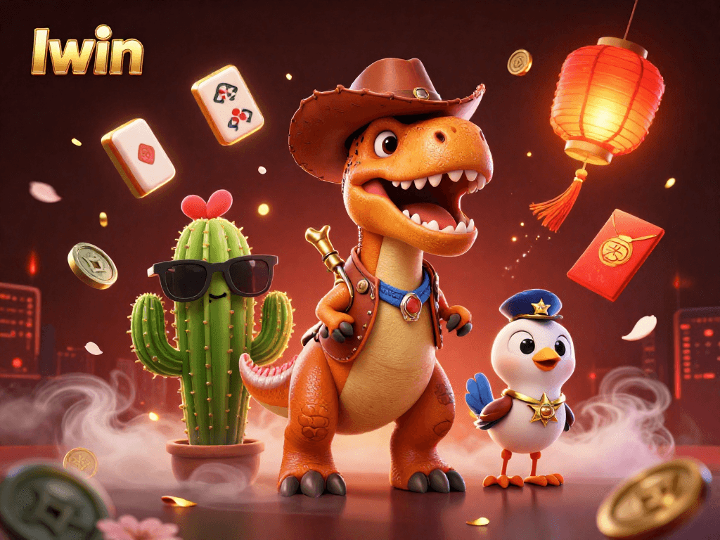 Iwin a vibrant 3D scene featuring a cowboy dinosaur, cactus, and roadrunner among casino elements and festive decorations