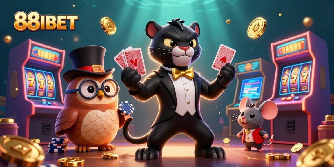 88IBET showcases a charming black panther dealer in a tuxedo, enhancing the casino experience.