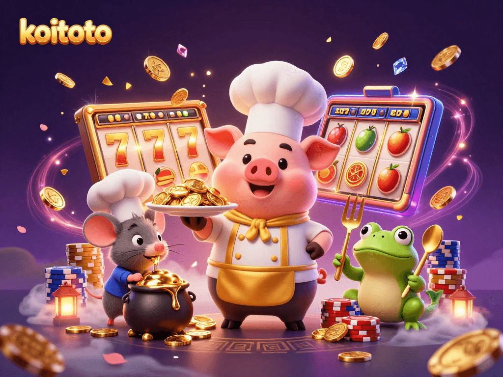 Permainan slot melalui koitoto dengan simbol keberuntungan dan tumpukan koin emas yang menarik.