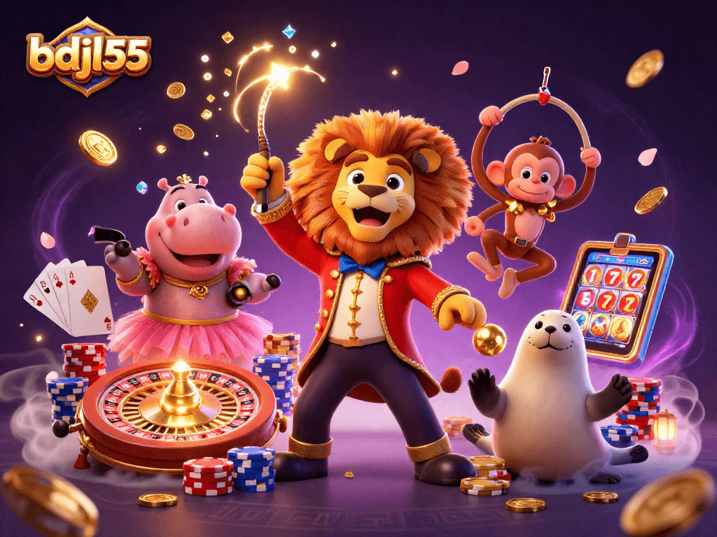 Experience the excitement at bdjl55 with a vibrant circus-themed casino scene featuring lively characters and delightful games.
