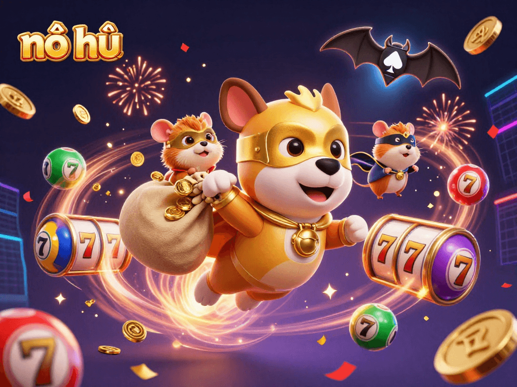 Experience thrilling nổ hũ gameplay with a superhero dog and colorful elements in this dynamic casino illustration.