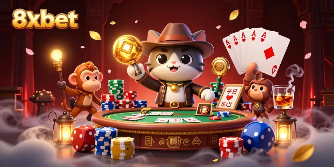 8xbet players discover golden artifacts surrounded by poker elements in a vibrant casino scene.
