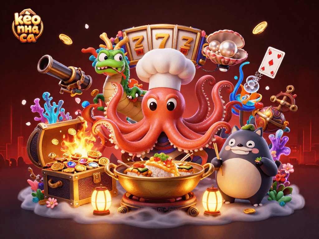 Engage with kèo nhà cái in a vibrant illustration featuring an octopus chef and dragon in a casino scene.