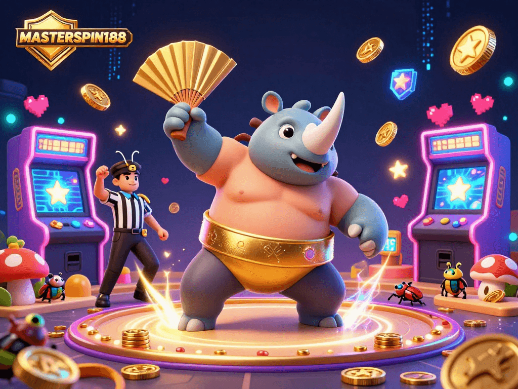 Experience epic wins at MASTERSPIN188, featuring a powerful sumo beetle champion surrounded by vibrant gambling elements.