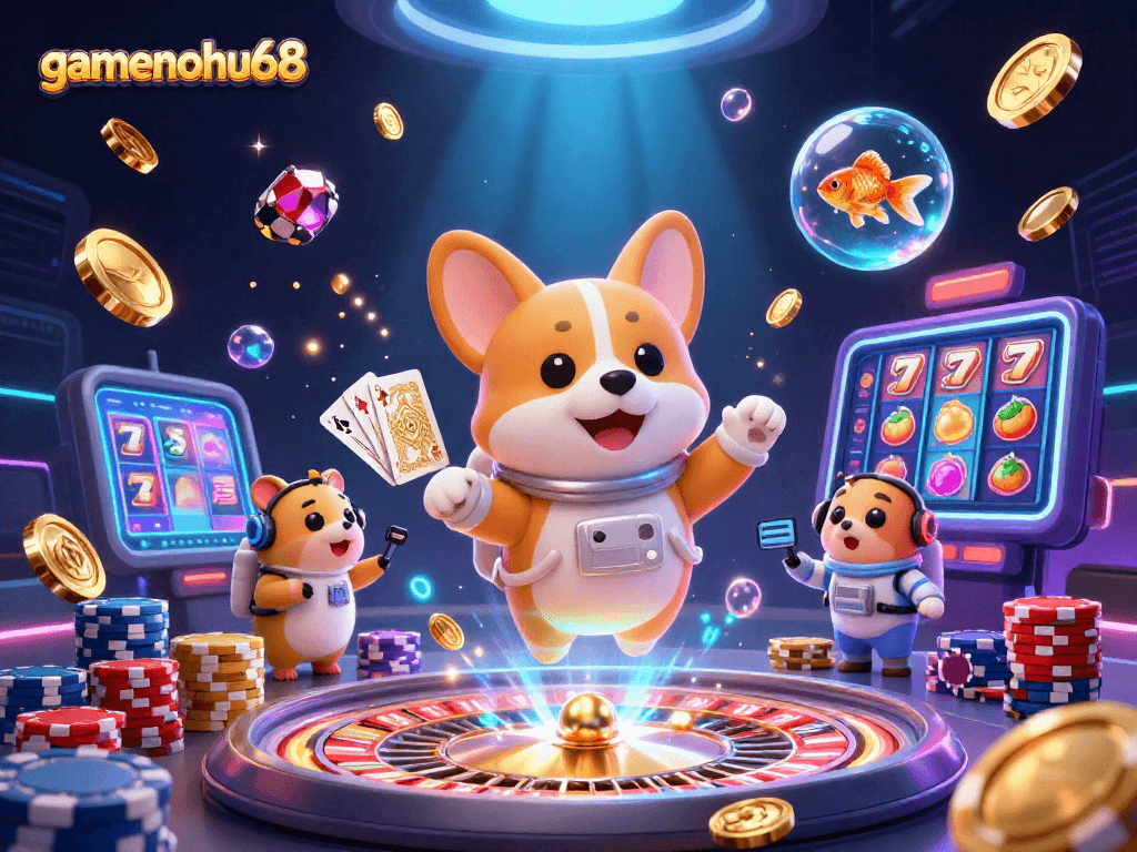 Experience the excitement of gamenohu68 as a cartoon corgi astronaut navigates a vibrant space casino.