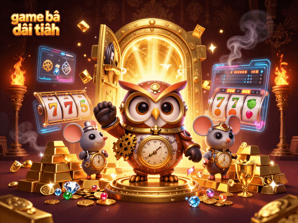 Experience game bài đổi thưởng action with a time-traveler owl in a dynamic casino scene.