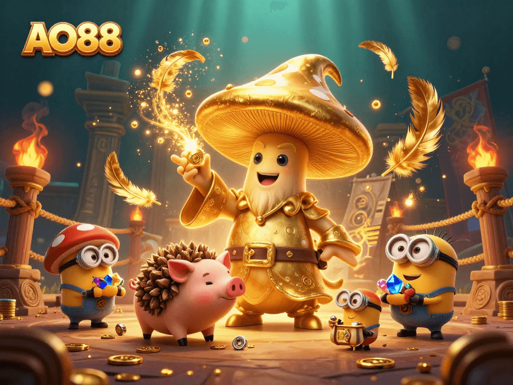 Experience thrilling gameplay at AO88 with a magical mushroom wizard and treasure-hunting pig in an enchanting casino scene.