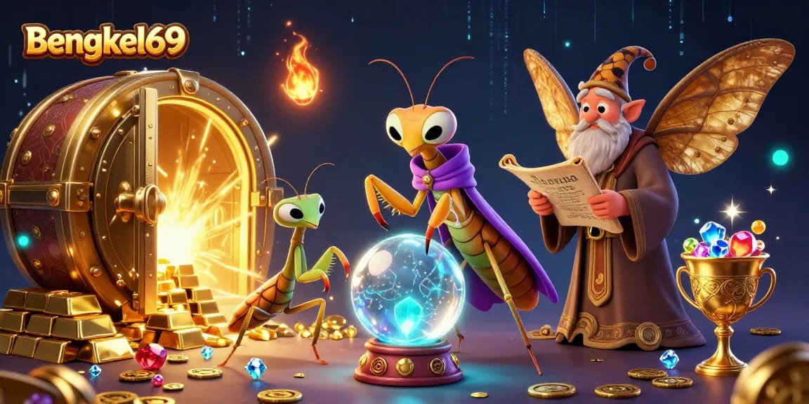 Bengkel69 showcases a vibrant 3D casino scene with a fortune teller, jewels, and gold riches.
