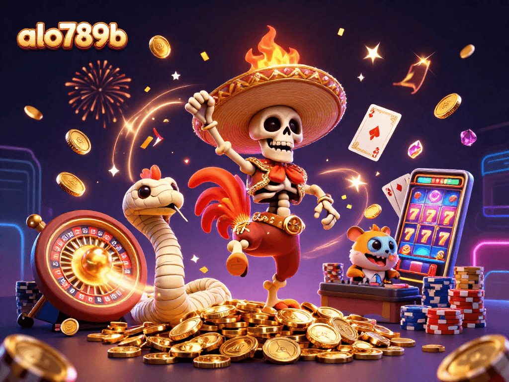 Engage with thrilling gaming action at alo789b, featuring a vibrant scene with a mariachi rooster and more.