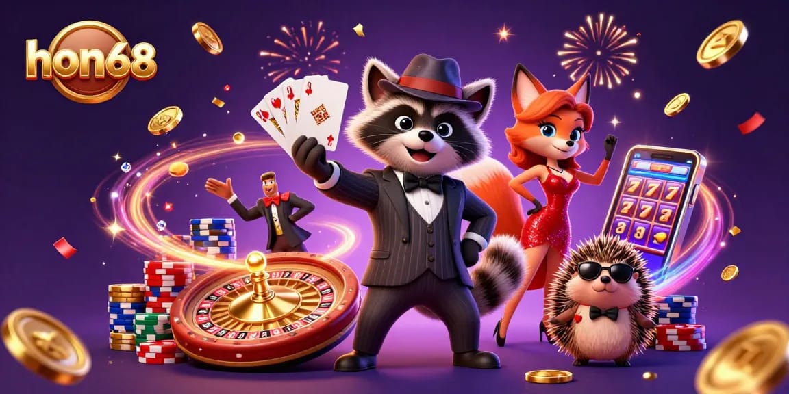 Join the fun at hon68 with a suave raccoon, chic fox lady, and a hedgehog bouncer in a vibrant casino atmosphere.