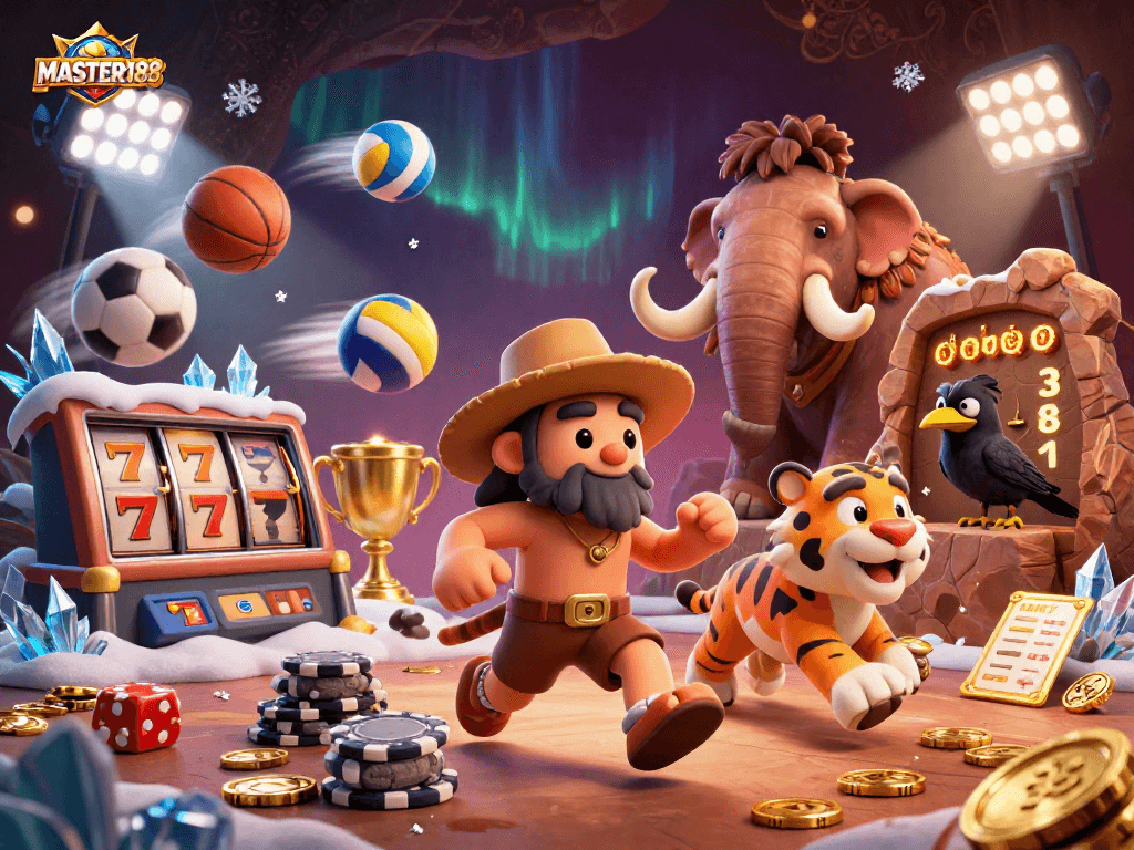 Experience the excitement of gaming at MASTER188 with dynamic elements in a vibrant casino scene