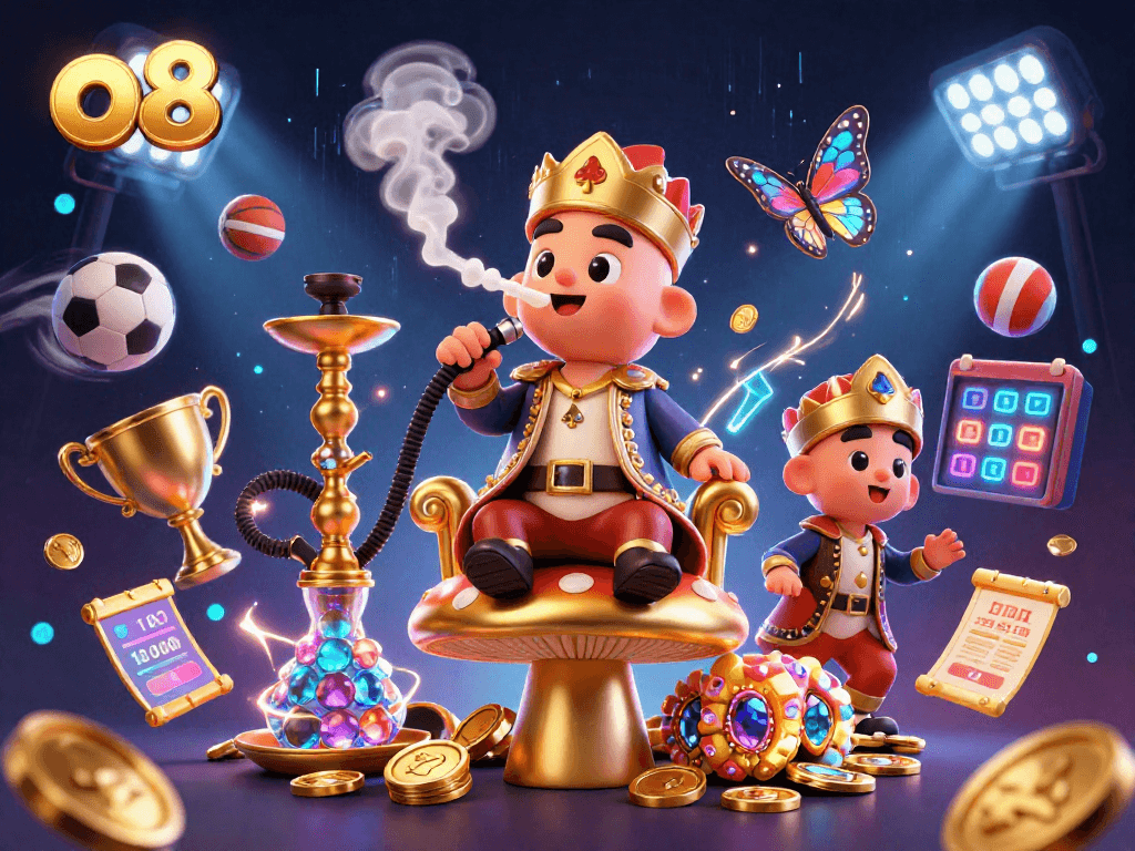 Experience thrilling gaming with o8 as a vibrant caterpillar master creates smoke rings shaping poker hands amidst dynamic sports elements.
