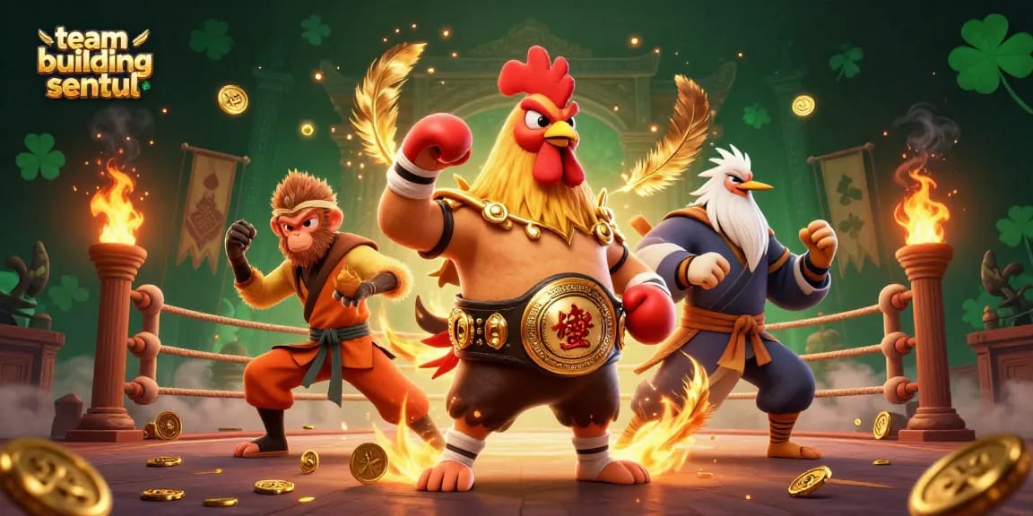 Experience team building sentul with competitive elements and dynamic characters in this vibrant illustration.