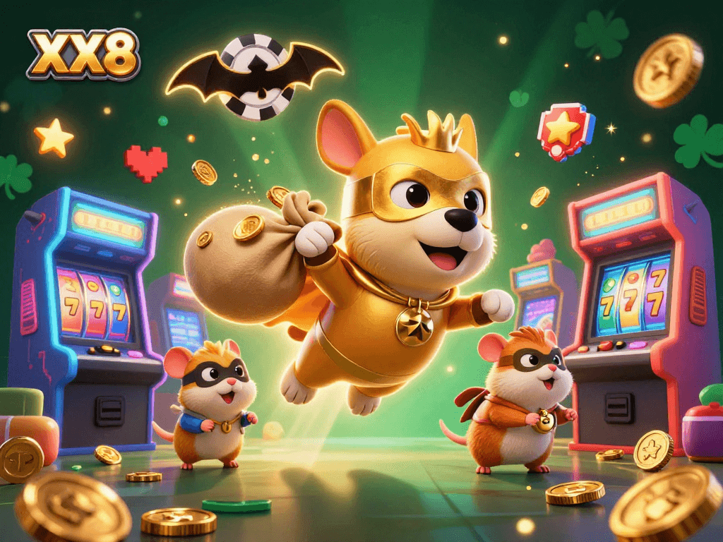 Experience adventures in casino gaming with XX8, featuring a heroic dog and hamster amidst vibrant slot reels and poker symbols.