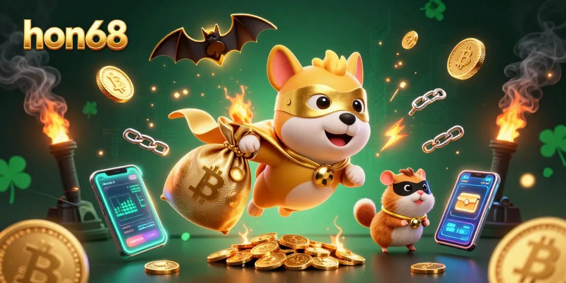 Win big with hon68 in this exciting 3D illustration featuring a heroic dog with gold coins and casino elements.