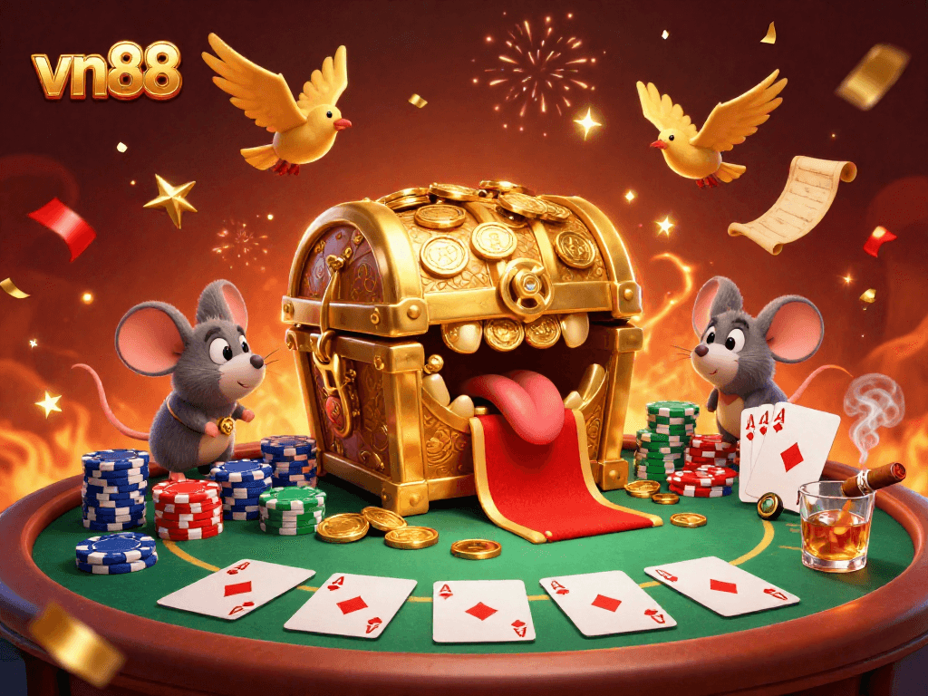Engage in the ultimate vn88 poker adventure, featuring a treasure chest lure amidst vibrant gaming elements.