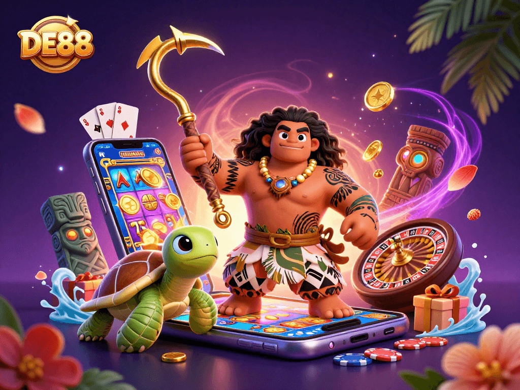 Experience thrilling gameplay at DE88 with the demigod and turtle in a vibrant casino scene.