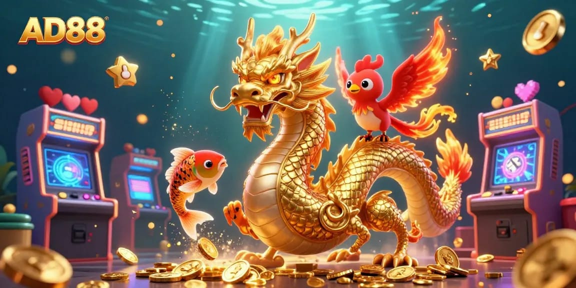 Experience the thrill of AD88 as you spin and win in this vibrant, action-packed casino scene.