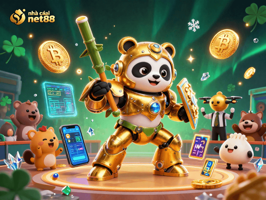 Engage with nhà cái net88 as the golden panda battles in a vibrant crypto-themed arena.