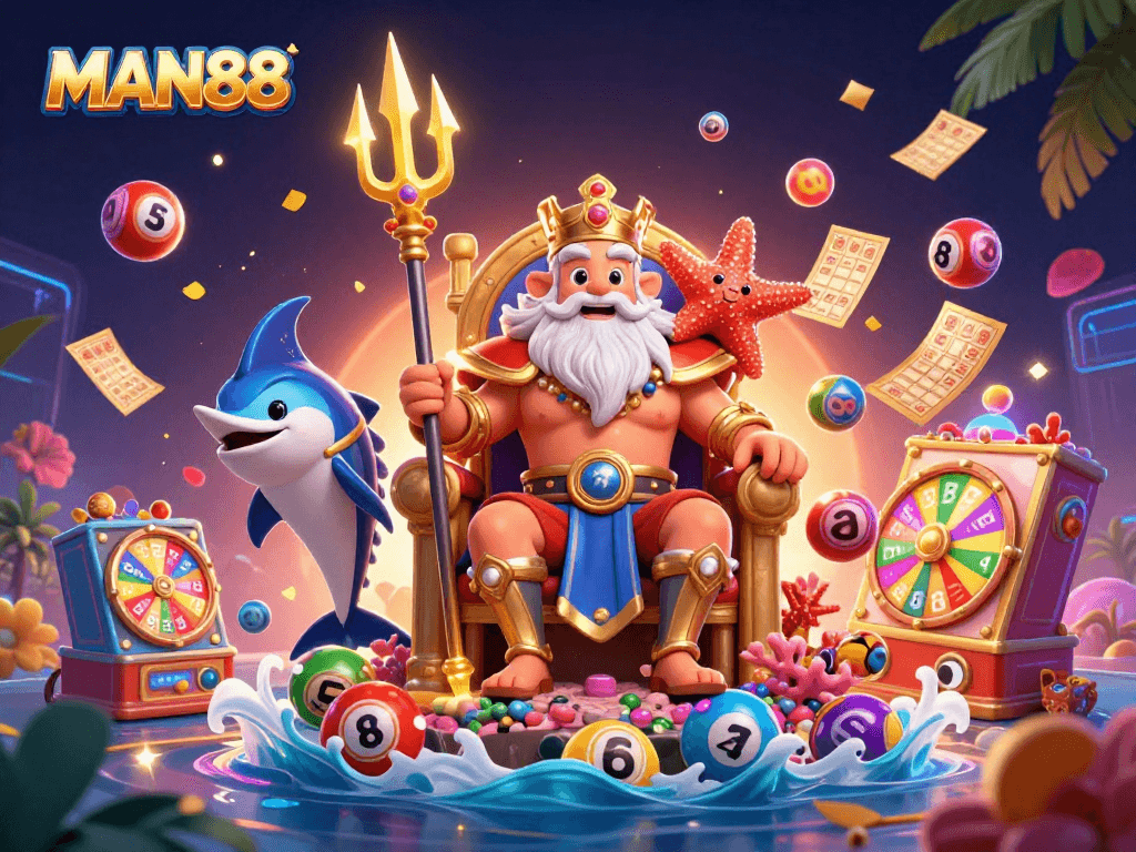 Engage in thrilling gameplay at MAN88 with vibrant lottery elements and Neptune's magical trident.