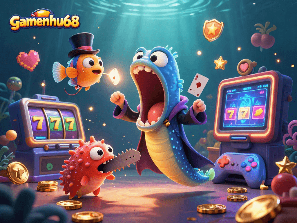 Experience the thrill at gamenohu68 with a vibrant underwater casino spectacle featuring animated creatures.