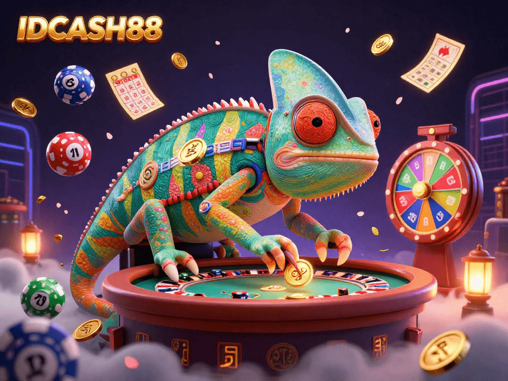 Experience the thrilling world of IDCASH88 with a vibrant 3D illustration of gaming excitement.