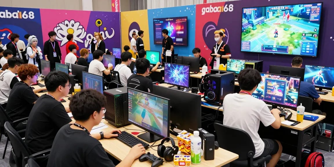 Engaged gamers at a vibrant convention showcasing gacha168 titles and community interaction.