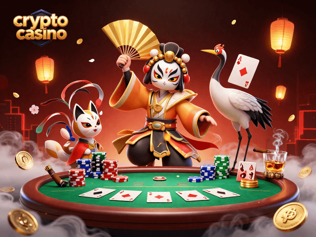 Engage with the exciting crypto casino scene featuring poker action, kabuki warriors, and vibrant game elements.