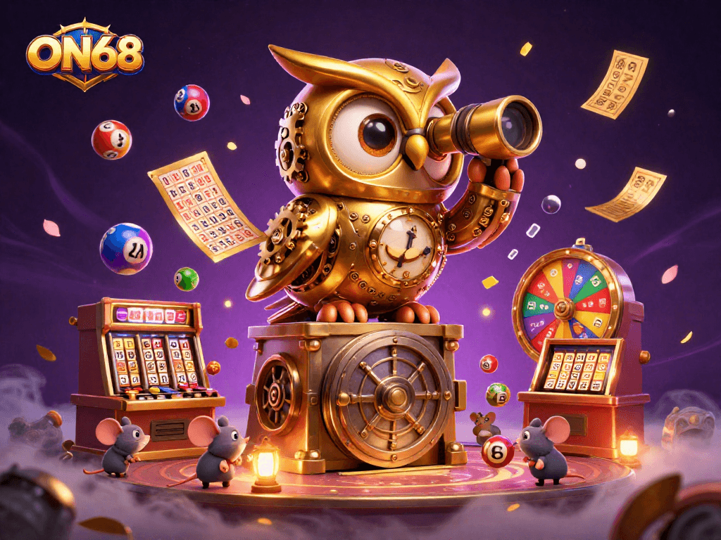 ON68 showcases a whimsical gaming scene with a golden owl and vibrant lottery elements, perfect for casino lovers.