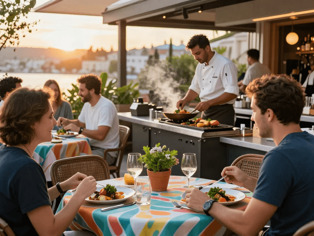 Delicious kebuntoto dishes served outdoors at a lively restaurant terrace.