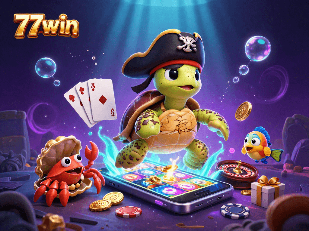 Join the 77win adventure with a pirate turtle and friends playing exciting casino games.