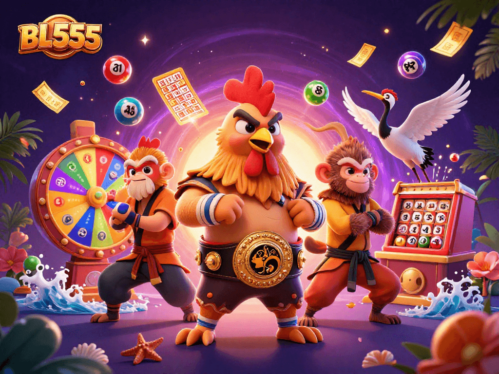 Engage with thrilling Muay Thai rooster, Shaolin monkey, and crane master at BL555 lottery scene.
