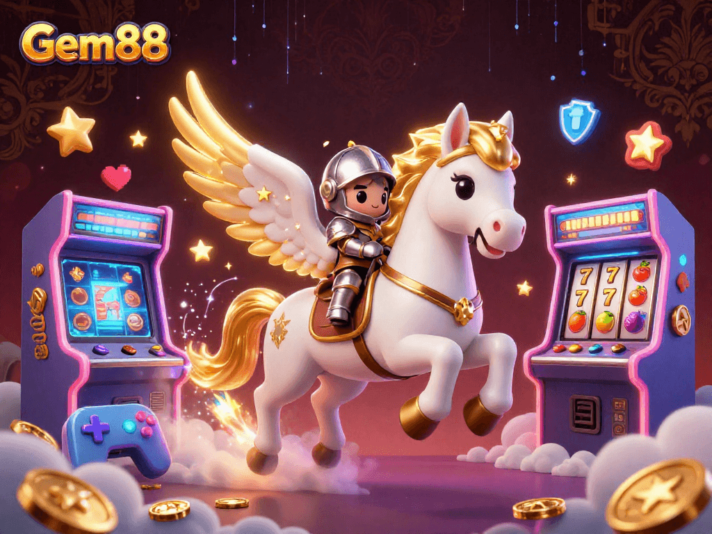 Experience the excitement of Gem88 with a magical scene featuring a celestial horse and knight amidst vibrant casino elements.