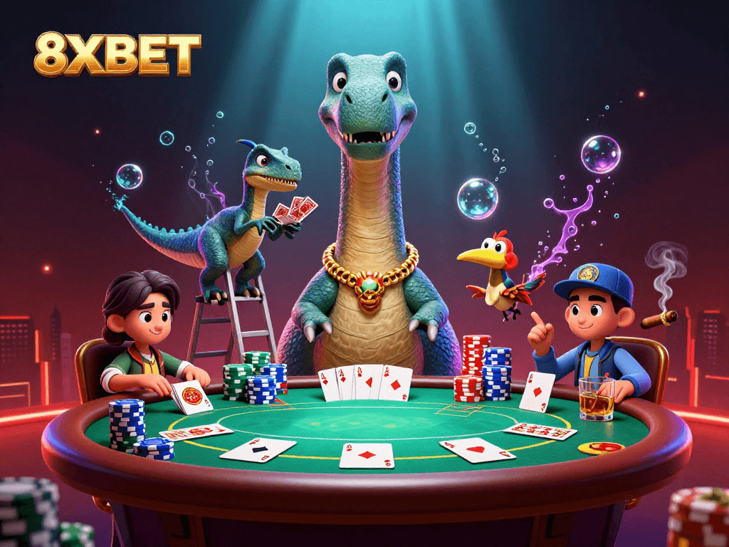 8XBET offers an exciting poker experience where giant characters engage in high-stakes play.