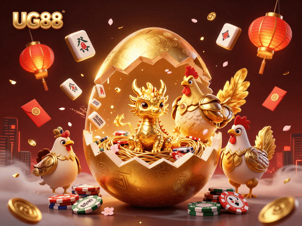 Engage in thrilling gaming experiences at UG88, featuring a golden dragon amidst poker chips and vibrant casino elements.